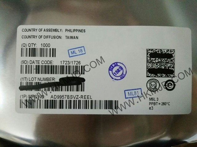 ADI AD9957BSVZ 1 GSPS正交數(shù)字升頻器，帶18位I/Q數(shù)據(jù)通道和14位DAC